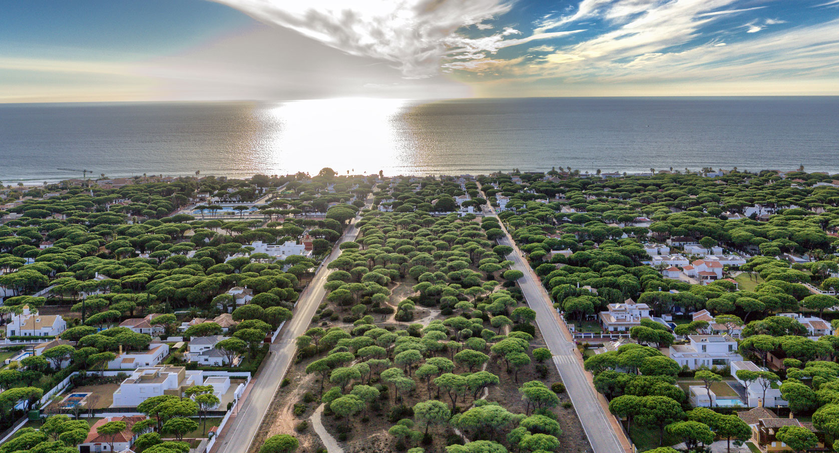 Vista aérea de la Urbanización Roche Residencial con el mar de fondo